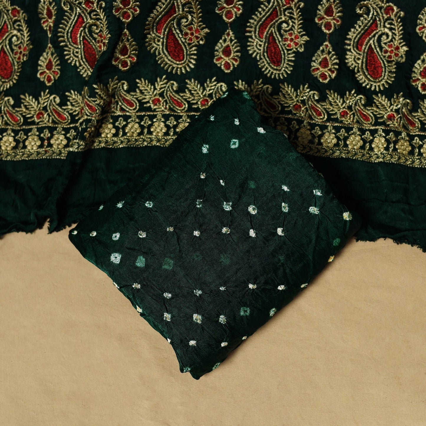 Kutch tie-dye bandhani modal silk zari work 3pc unstitched