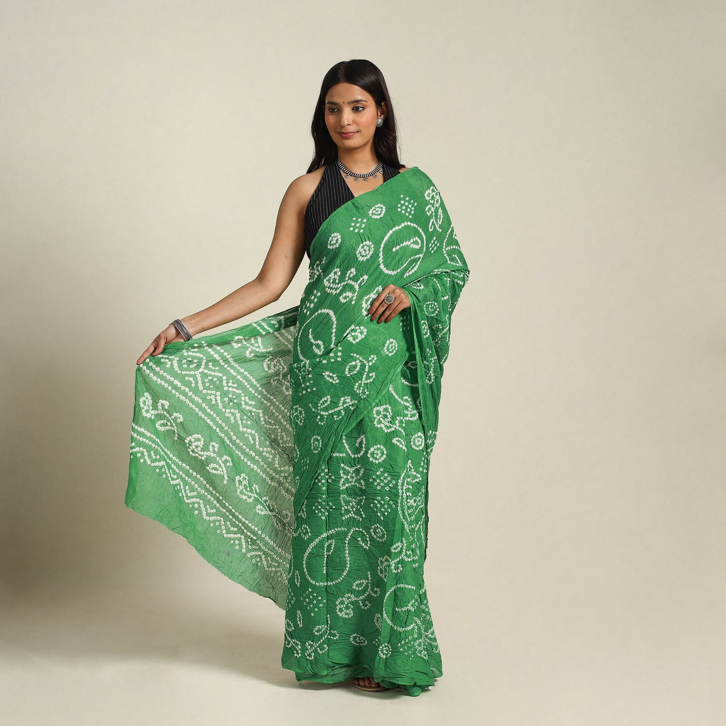 Green - kutch tie-dye cotton bandhani saree 56 - handcrafted