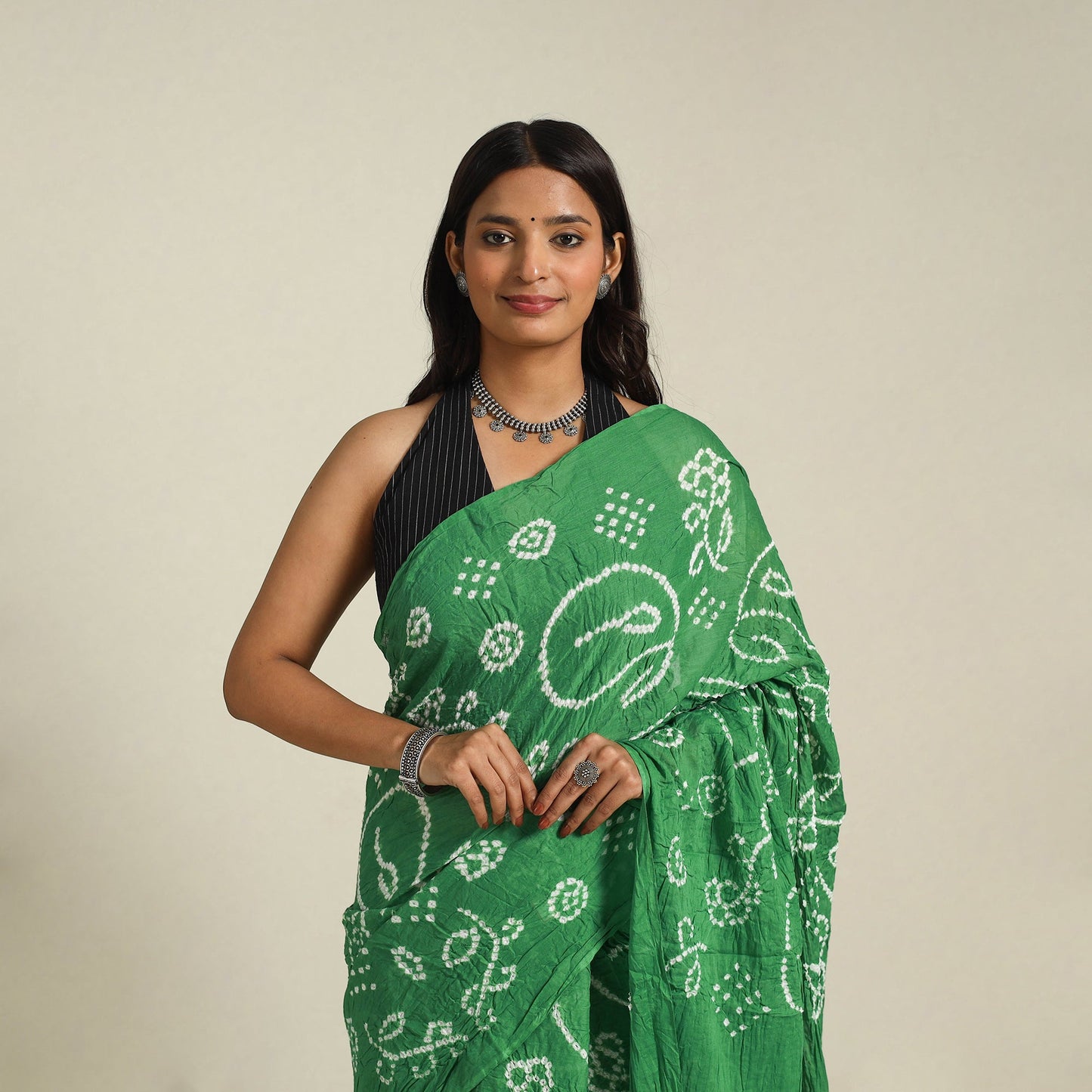 Green - kutch tie-dye cotton bandhani saree 56 - handcrafted