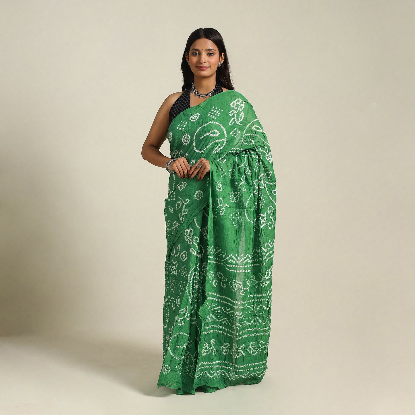 Green - kutch tie-dye cotton bandhani saree 56 - handcrafted