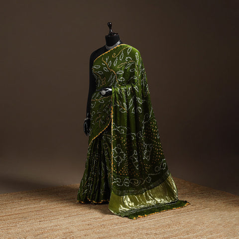 Green - kutch tie-dye modal silk bandhani saree with zari