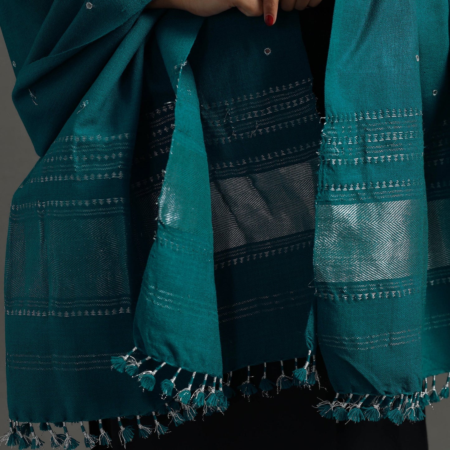 Green Kutch Zari Hand Embroidery Mirror Work Woollen Shawl