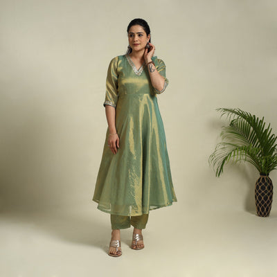 Lace Work Fine Tissue Zari Green Plain Anarkali Kurta Set for Women