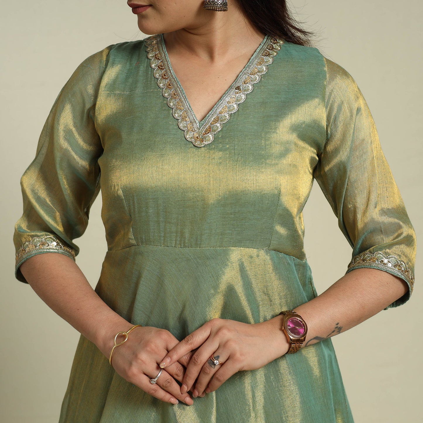 Lace Work Fine Tissue Zari Green Plain Anarkali Kurta Set for Women