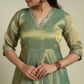 Lace Work Fine Tissue Zari Green Plain Anarkali Kurta Set for Women