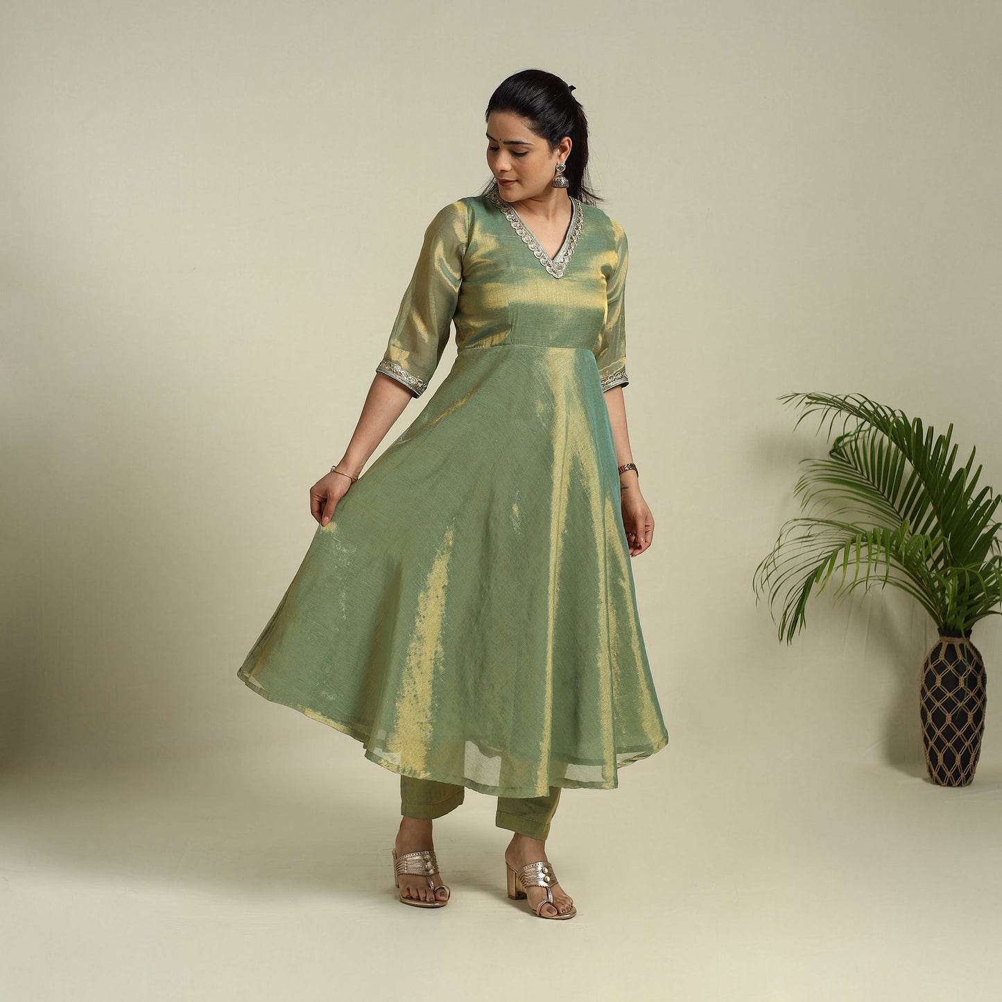 Lace Work Fine Tissue Zari Green Plain Anarkali Kurta Set for Women