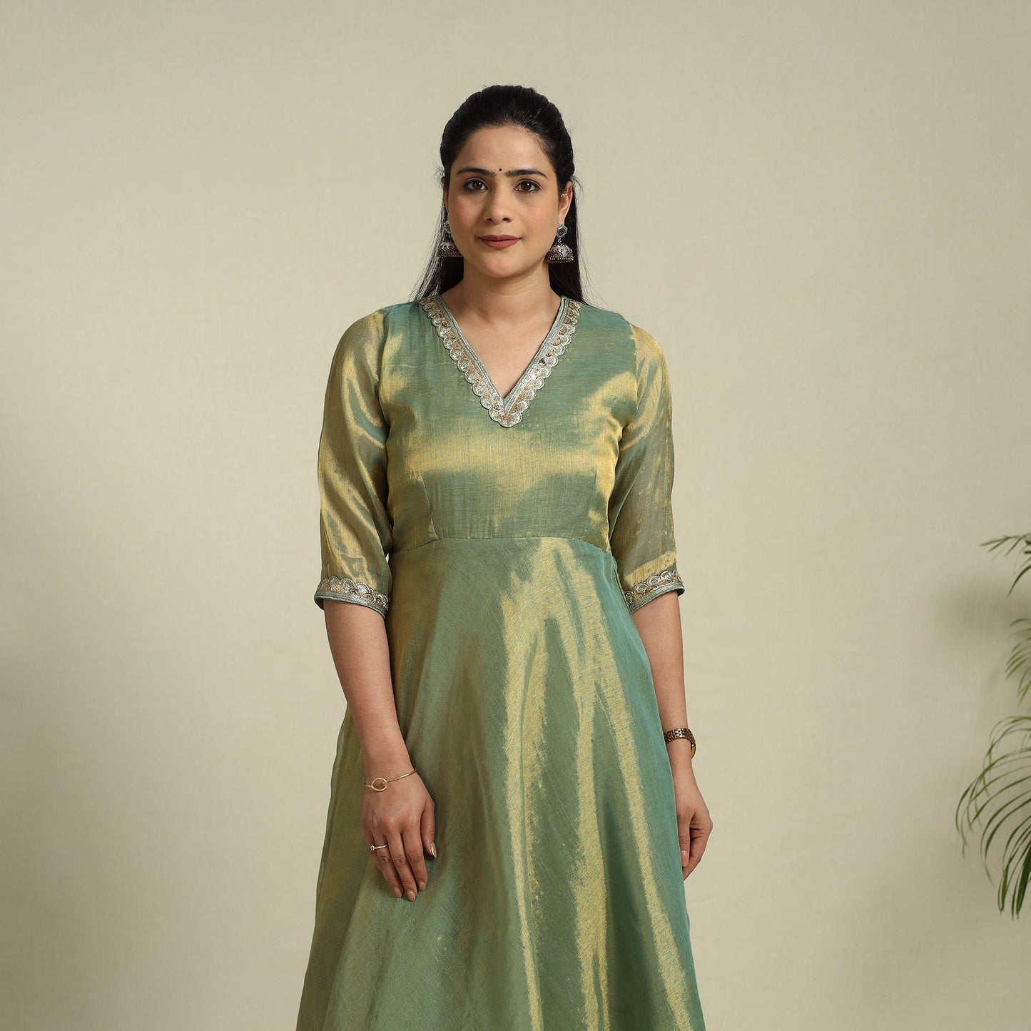 Lace Work Fine Tissue Zari Green Plain Anarkali Kurta Set for Women