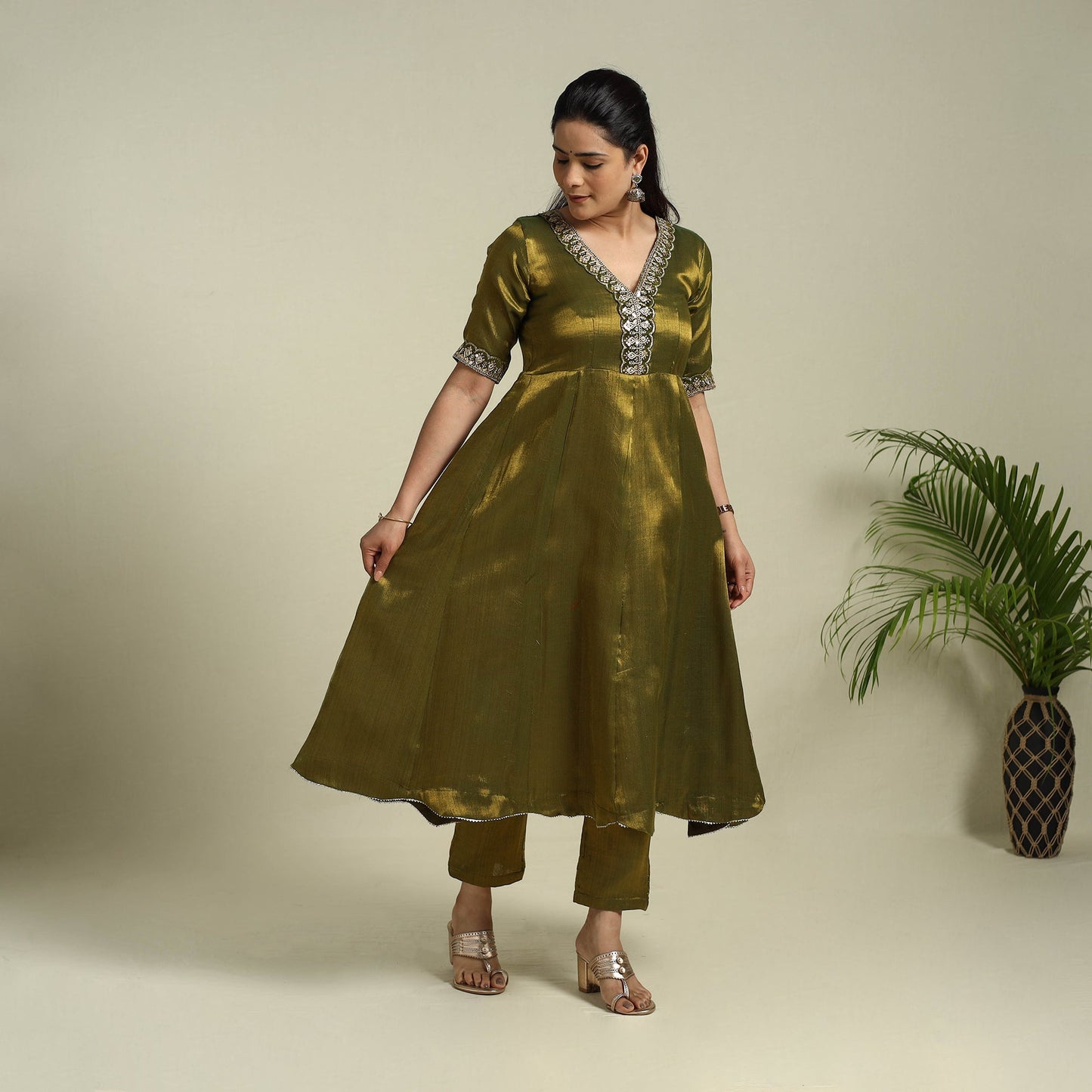Green Lace Work Fine Tissue Zari Plain Anarkali Kurta Set for Women