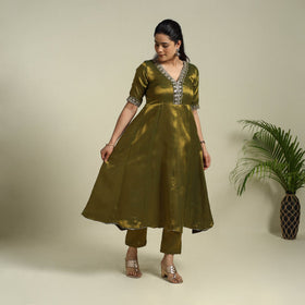 Green Lace Work Fine Tissue Zari Plain Anarkali Kurta Set for Women