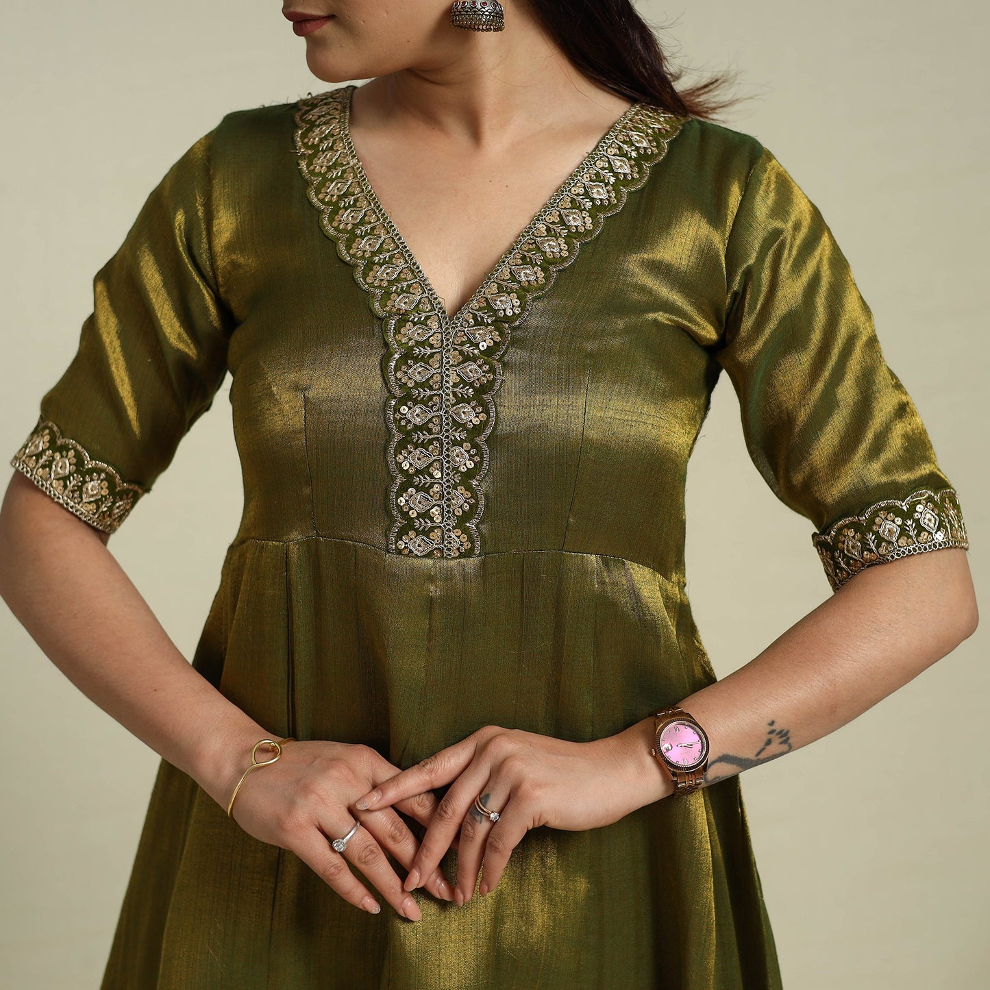Green Lace Work Fine Tissue Zari Plain Anarkali Kurta Set for Women