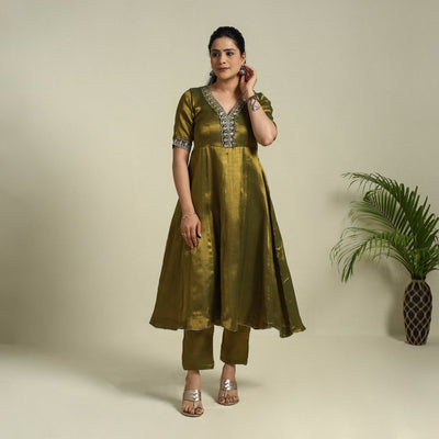 Green Lace Work Fine Tissue Zari Plain Anarkali Kurta Set for Women