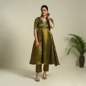 Green Lace Work Fine Tissue Zari Plain Anarkali Kurta Set for Women
