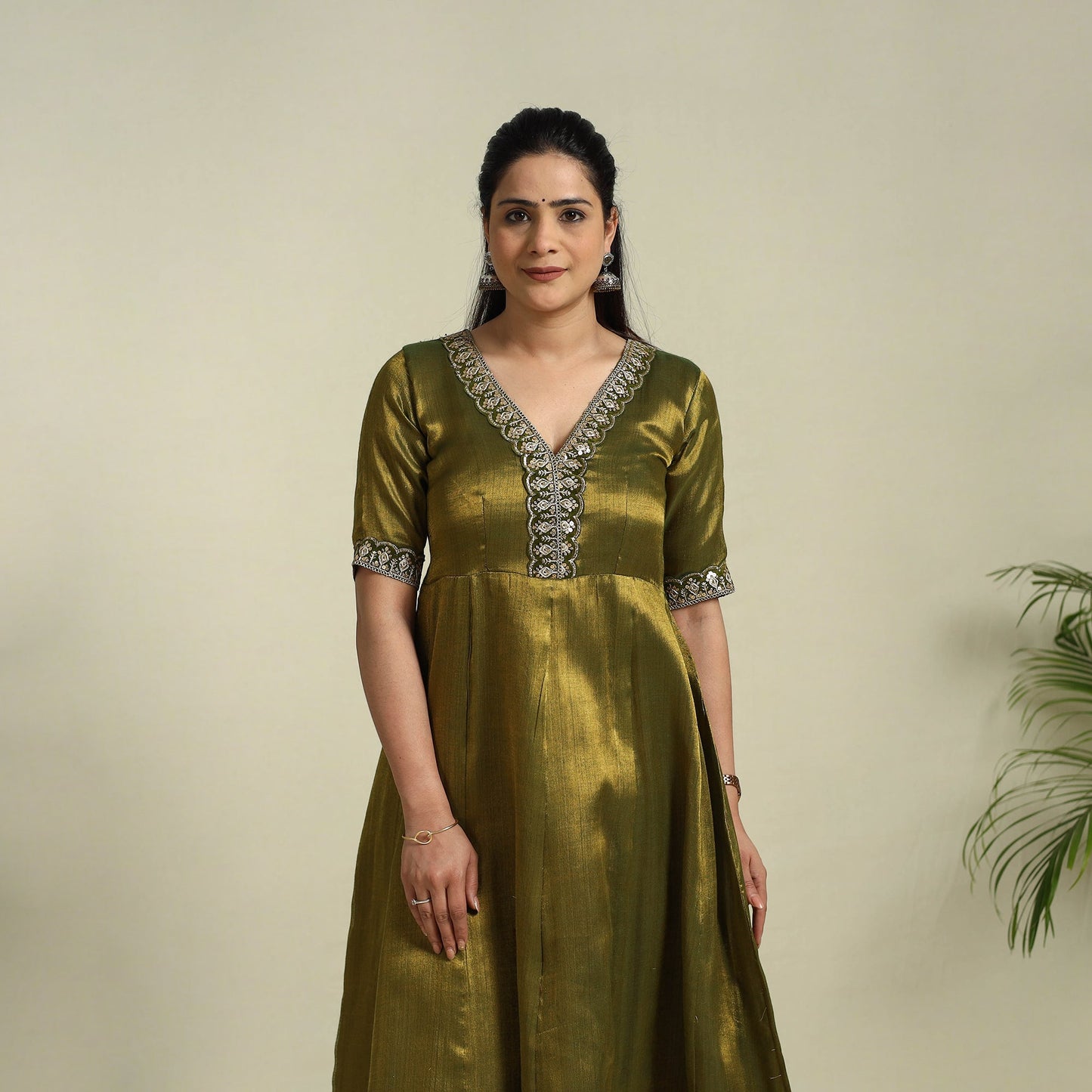 Green Lace Work Fine Tissue Zari Plain Anarkali Kurta Set for Women