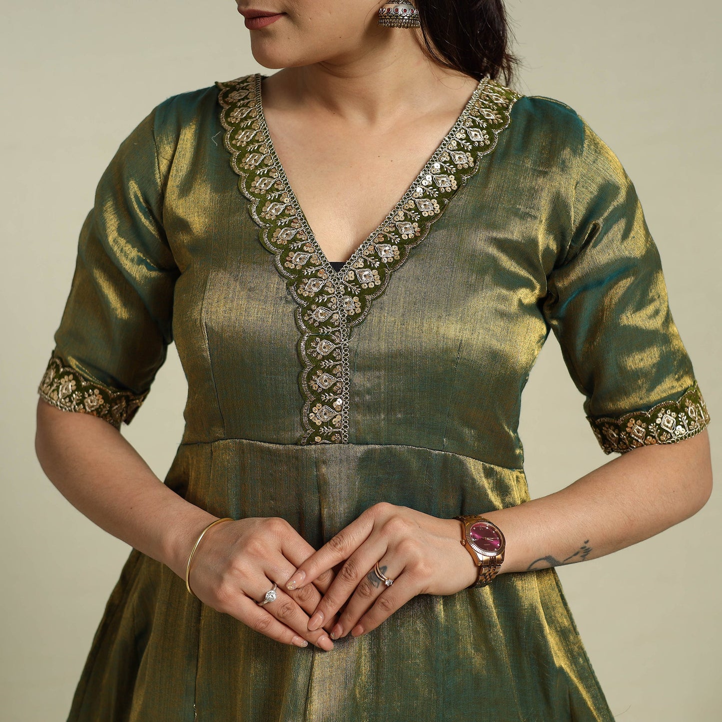 Green Lace Work Fine Tissue Zari Plain Anarkali Kurta Set for Women