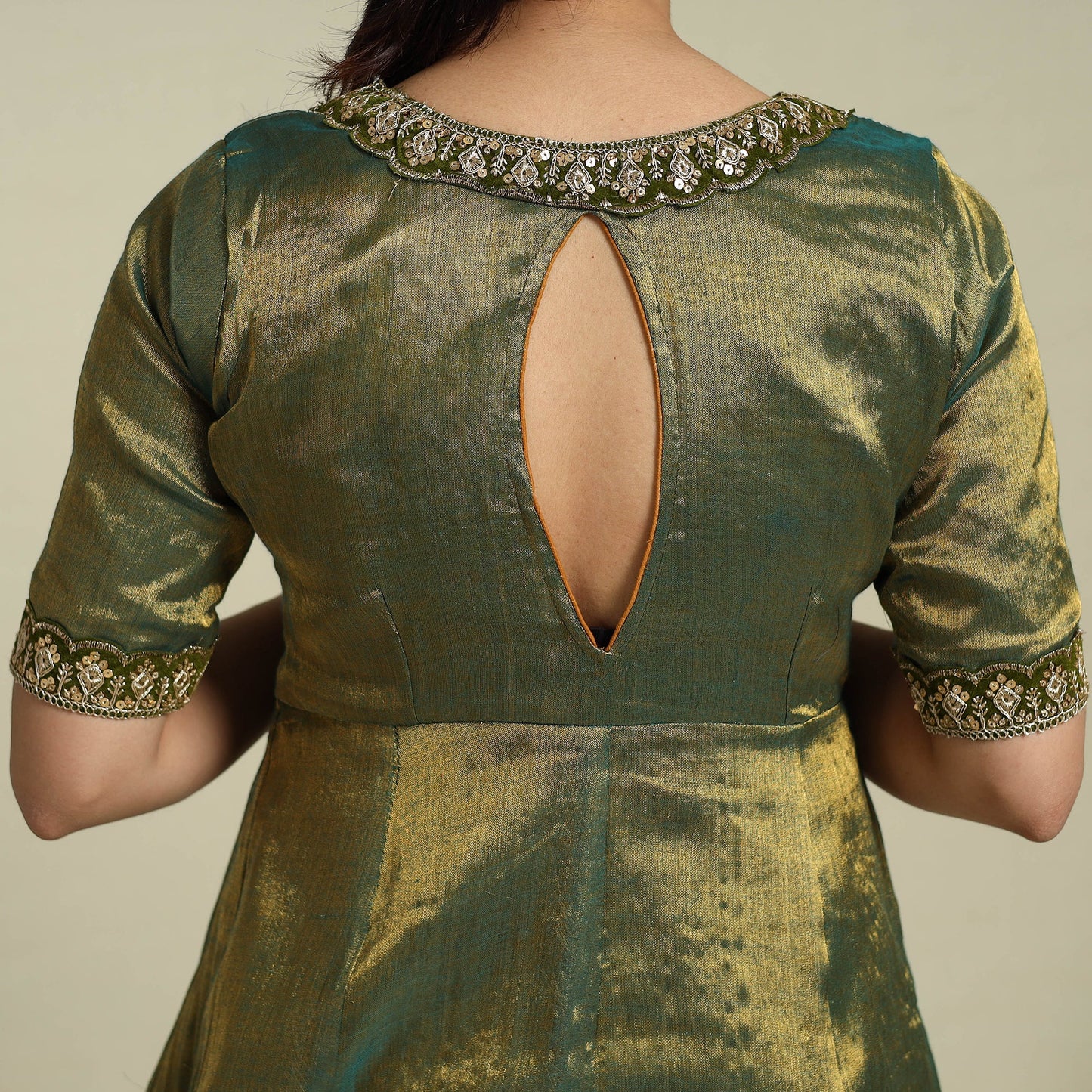 Green Lace Work Fine Tissue Zari Plain Anarkali Kurta Set for Women
