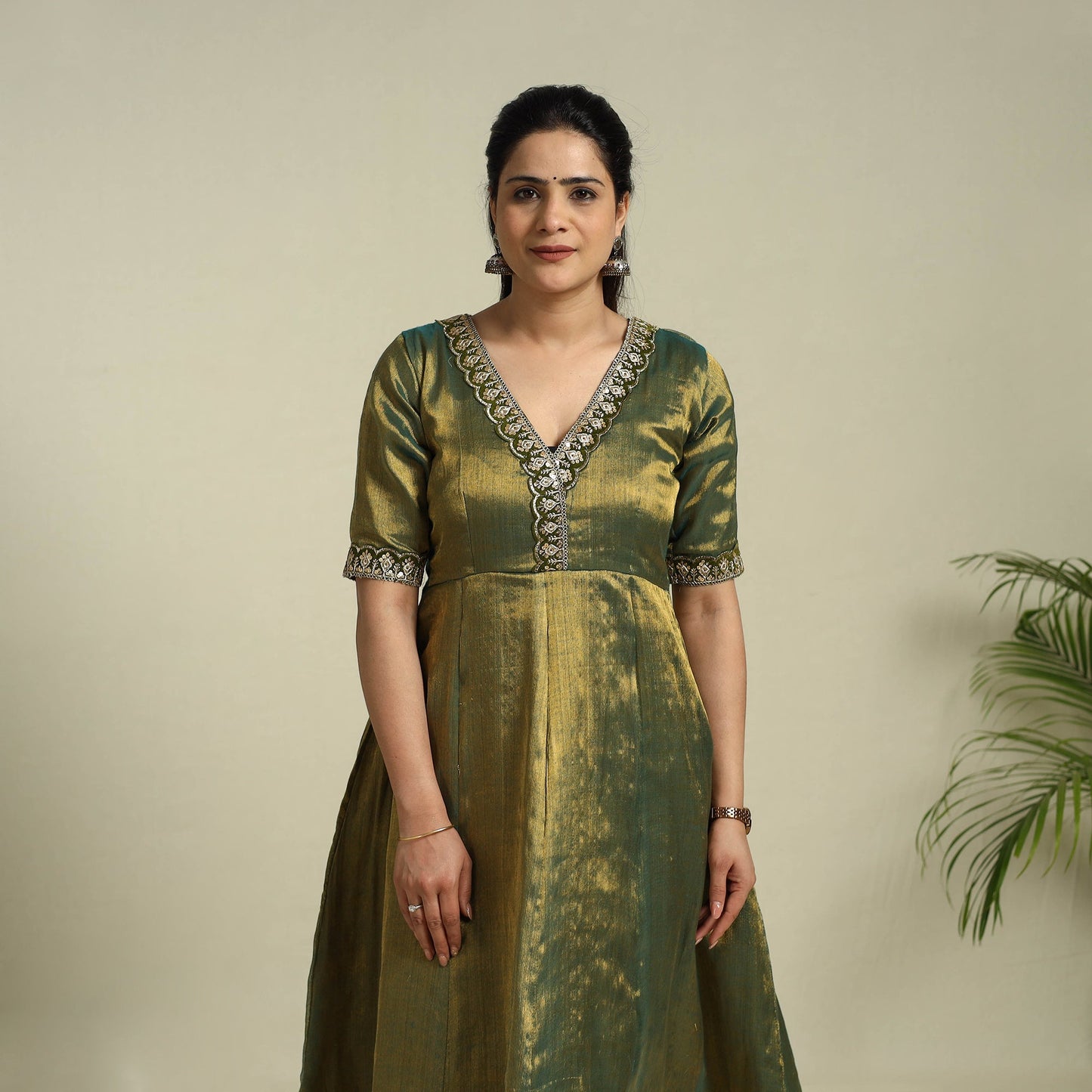 Green Lace Work Fine Tissue Zari Plain Anarkali Kurta Set for Women