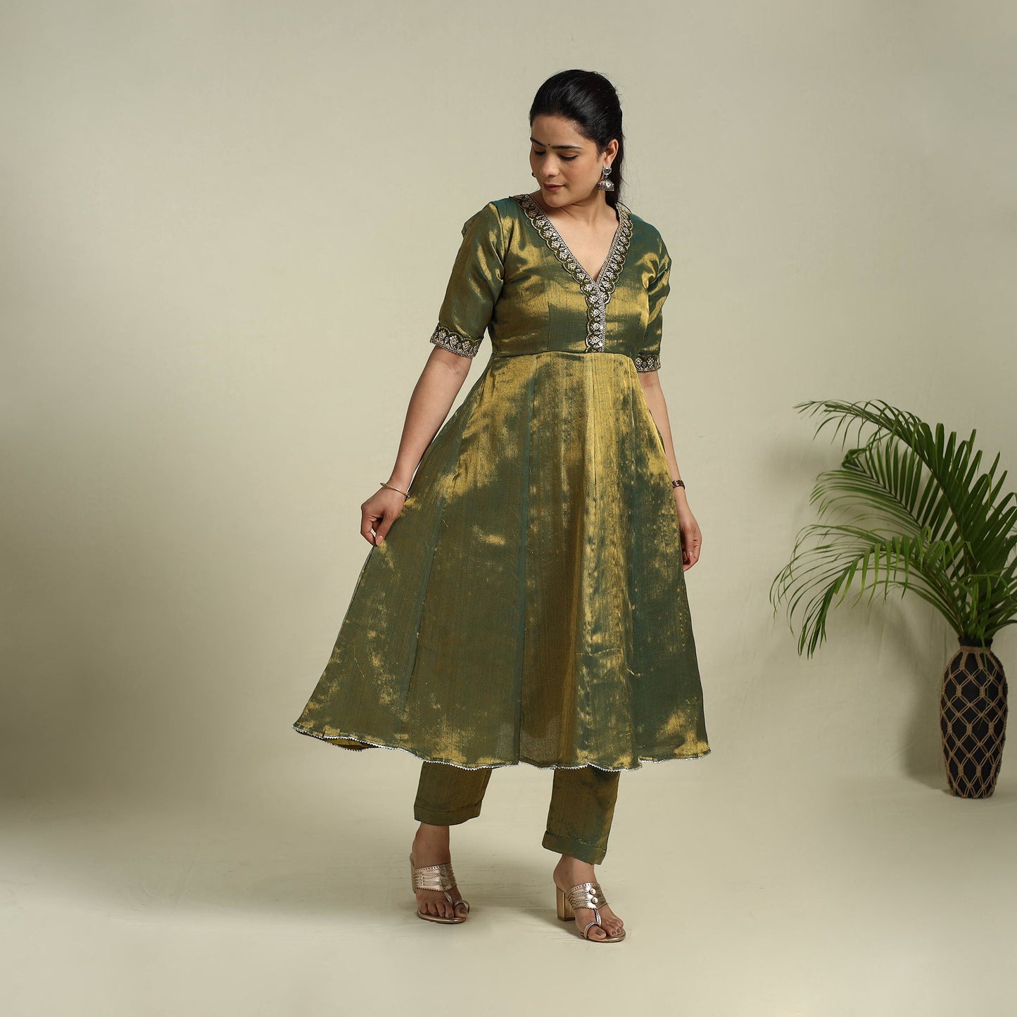 Green Lace Work Fine Tissue Zari Plain Anarkali Kurta Set for Women