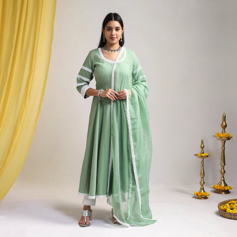 Lace Work Green Plain Cotton Anarkali Kurta with Dupatta Set