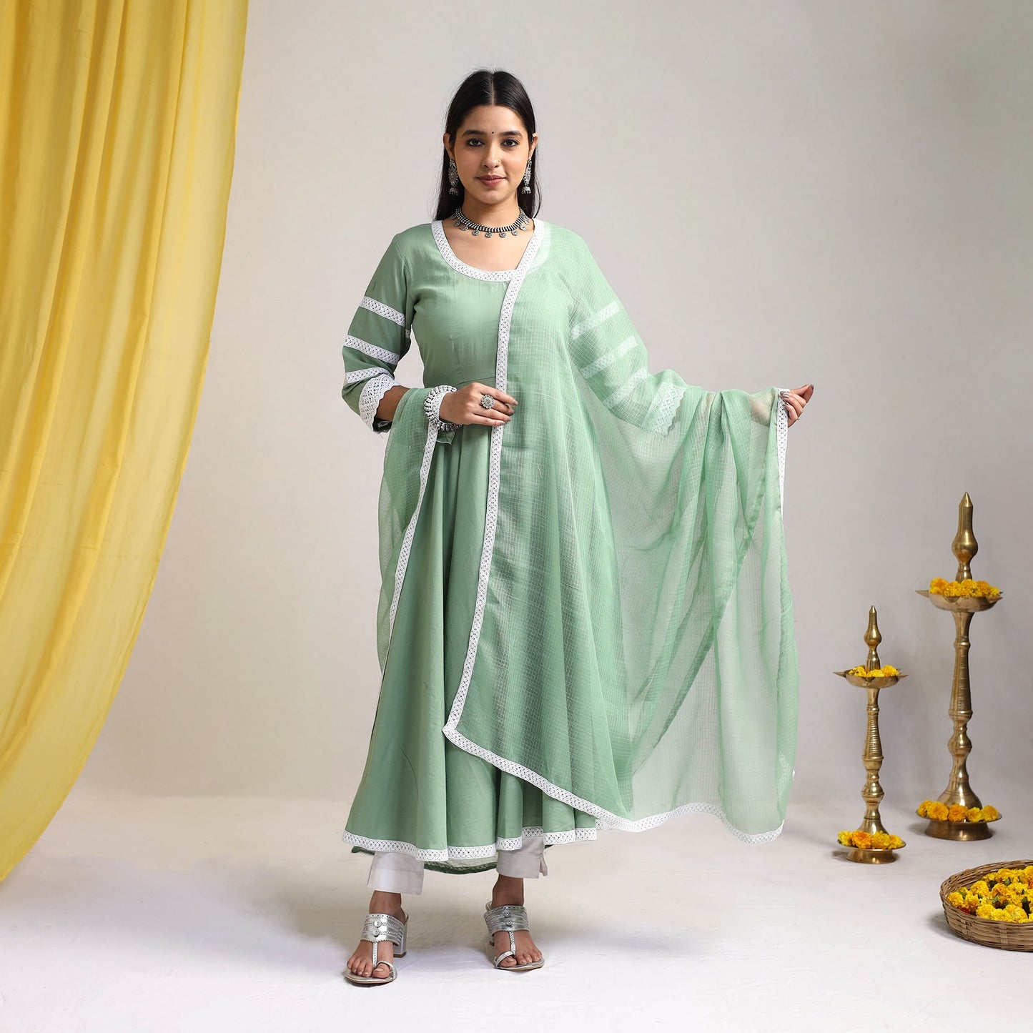 Lace Work Green Plain Cotton Anarkali Kurta with Dupatta Set