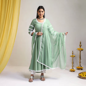 Lace Work Green Plain Cotton Anarkali Kurta with Dupatta Set
