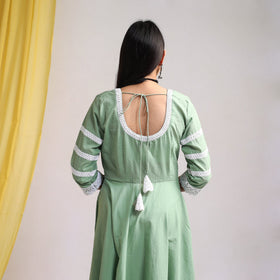 Lace Work Green Plain Cotton Anarkali Kurta with Dupatta Set