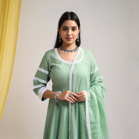 Lace Work Green Plain Cotton Anarkali Kurta with Dupatta Set