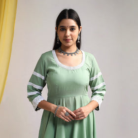 Lace Work Green Plain Cotton Anarkali Kurta with Dupatta Set