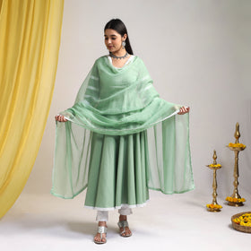 Lace Work Green Plain Cotton Anarkali Kurta with Dupatta Set