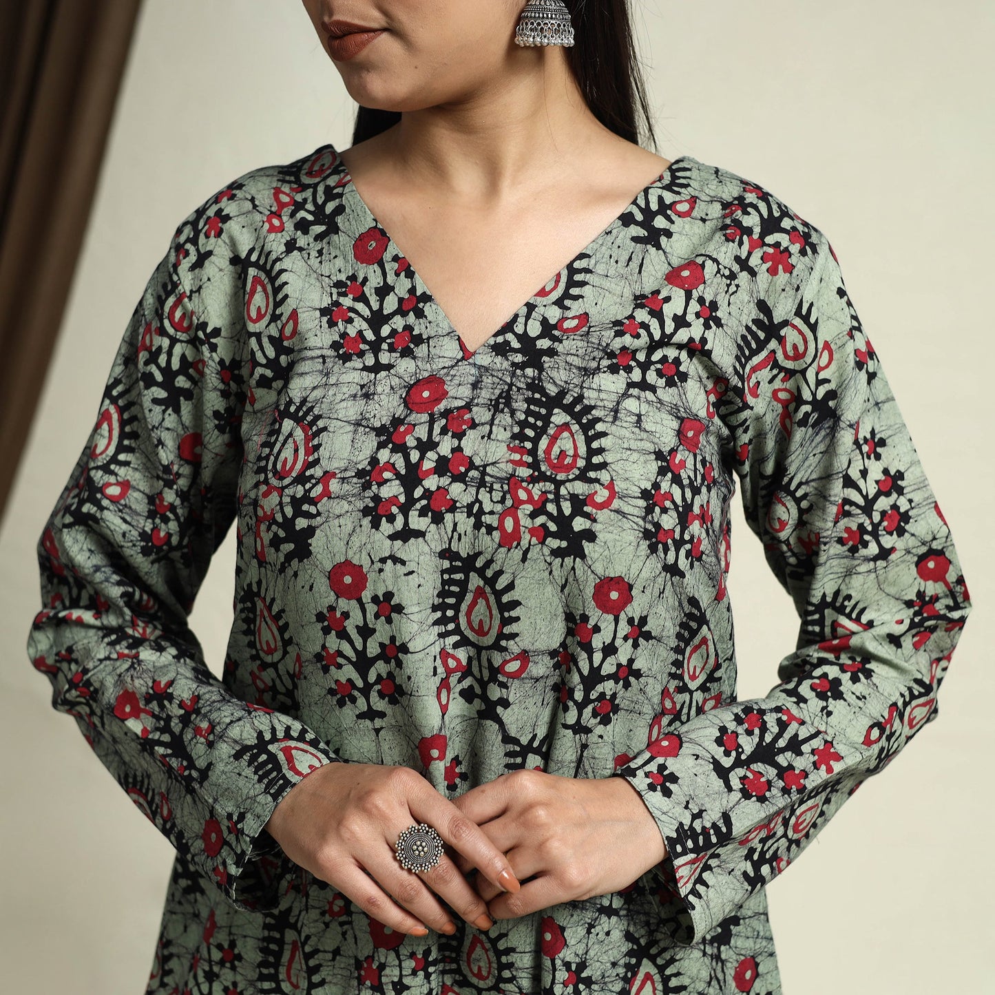  Green A-Line Batik Print Cotton Kurta for Women