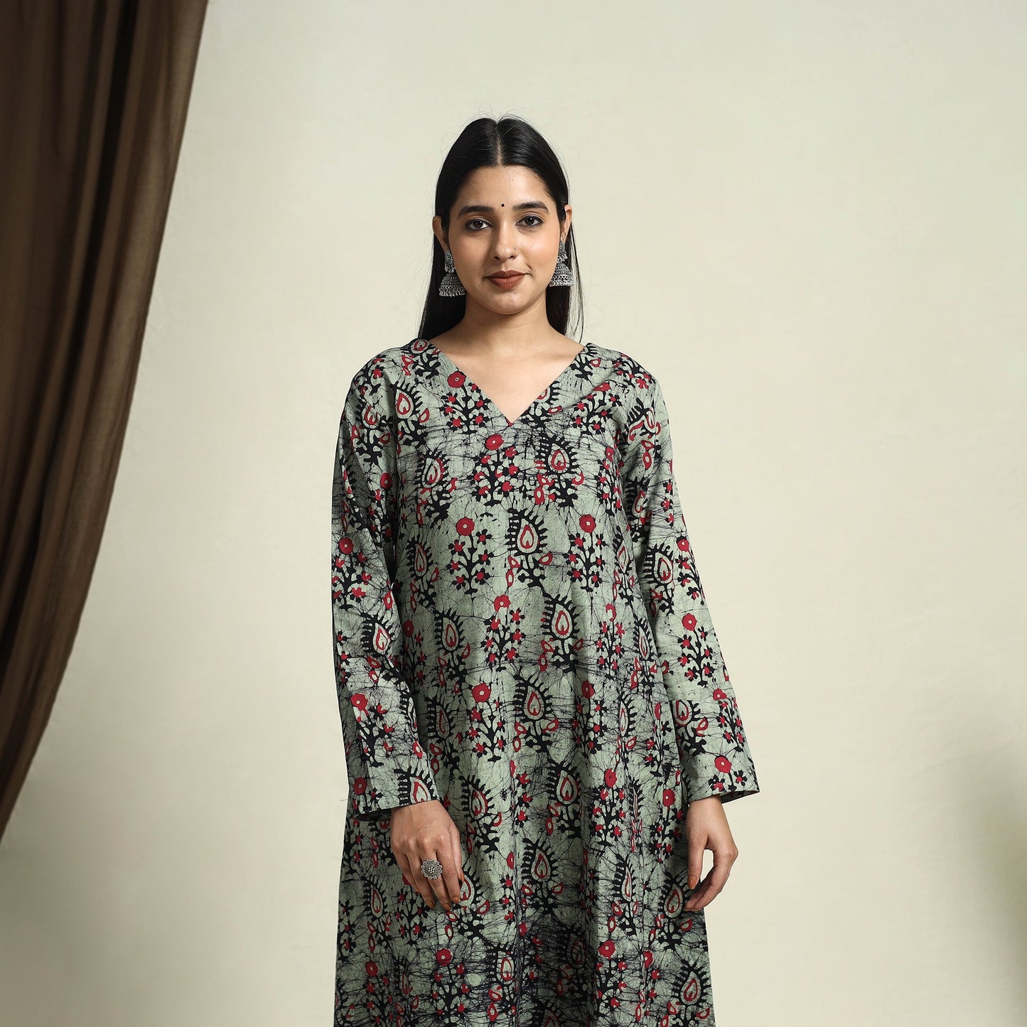  Green A-Line Batik Print Cotton Kurta for Women
