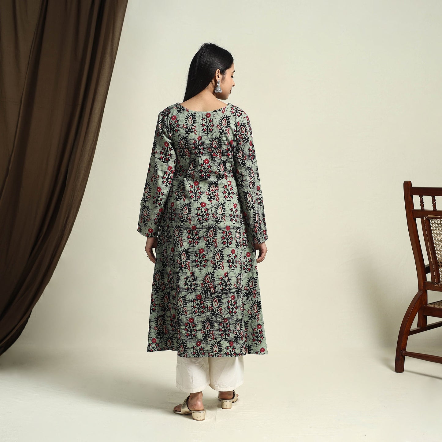  Green A-Line Batik Print Cotton Kurta for Women