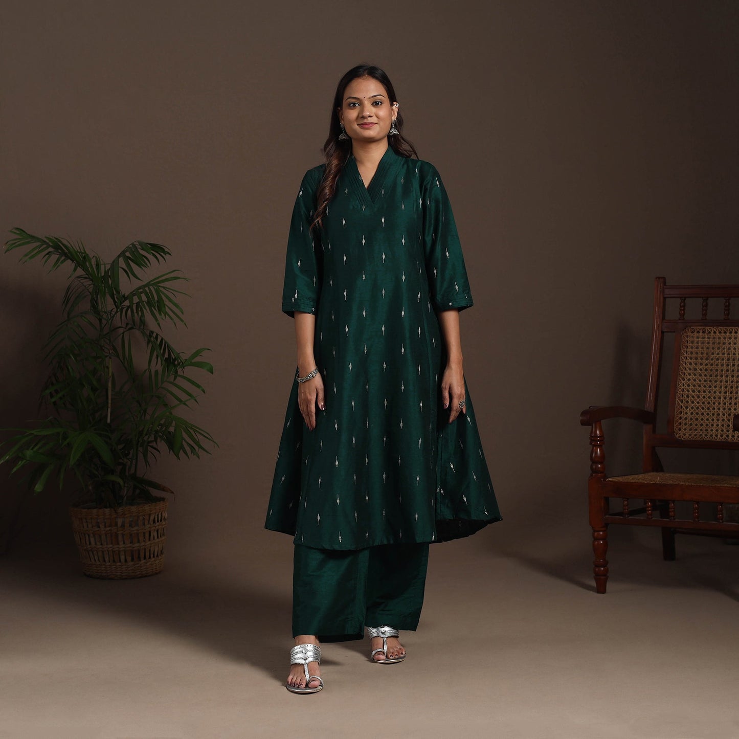 Green - a-line buti work spun dupion silk plain kurta set