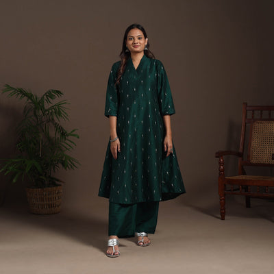 Green - a-line buti work spun dupion silk plain kurta set