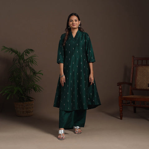 Green - a-line buti work spun dupion silk plain kurta set