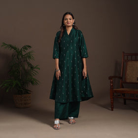 Green - a-line buti work spun dupion silk plain kurta set
