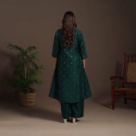 Green - a-line buti work spun dupion silk plain kurta set