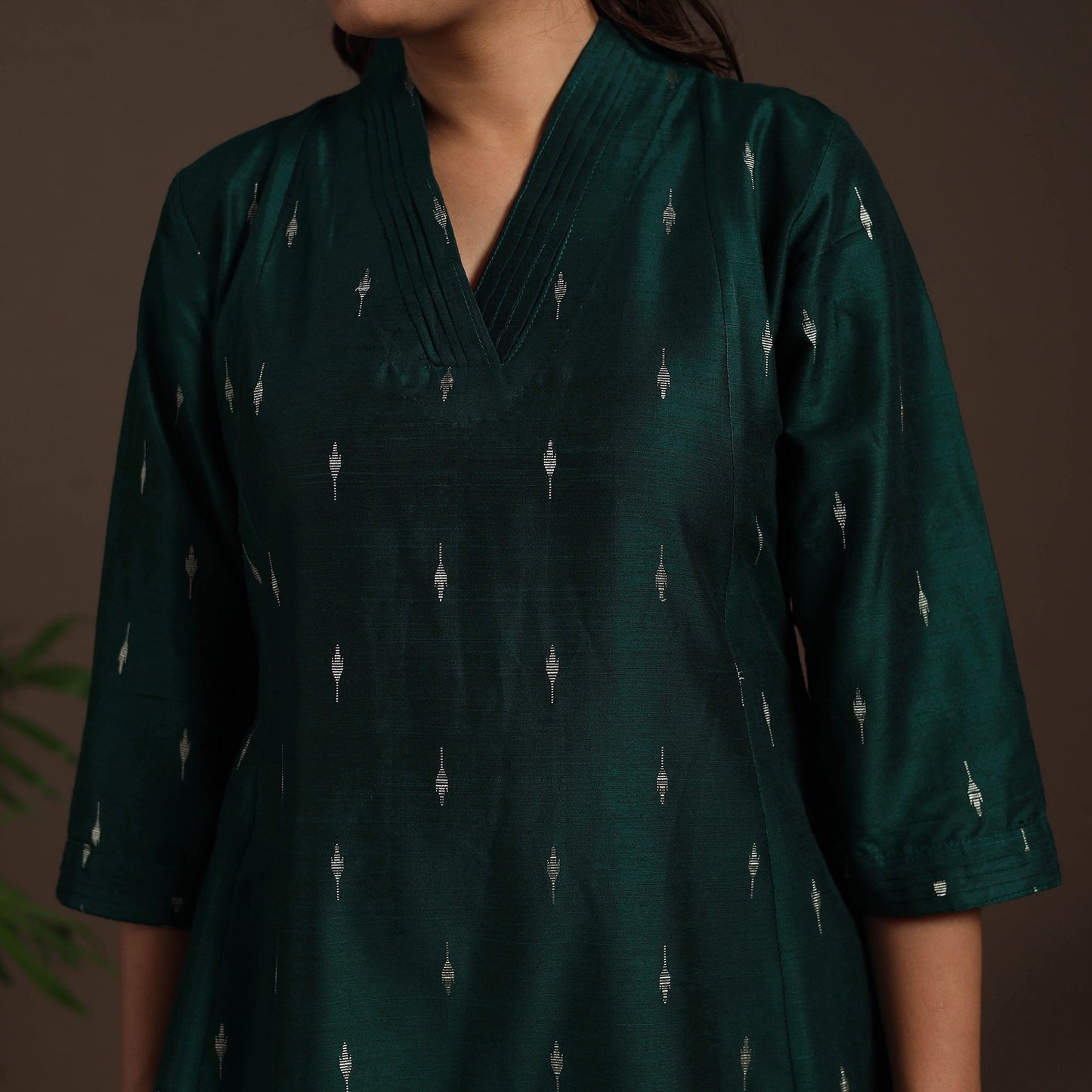 Green - a-line buti work spun dupion silk plain kurta set
