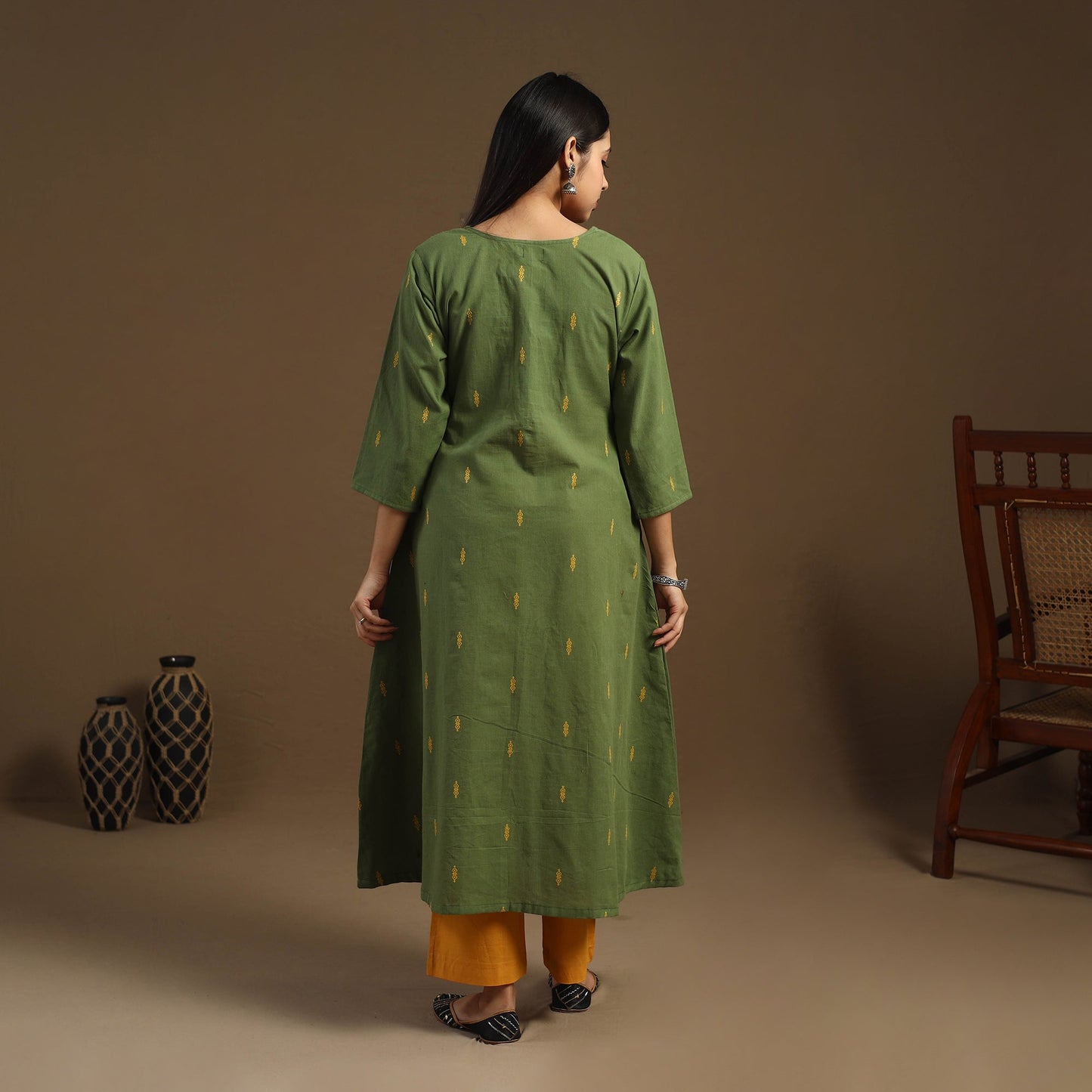 Green A-Line Cotton Jacquard Kurta for Women