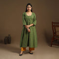 Green A-Line Cotton Jacquard Kurta for Women