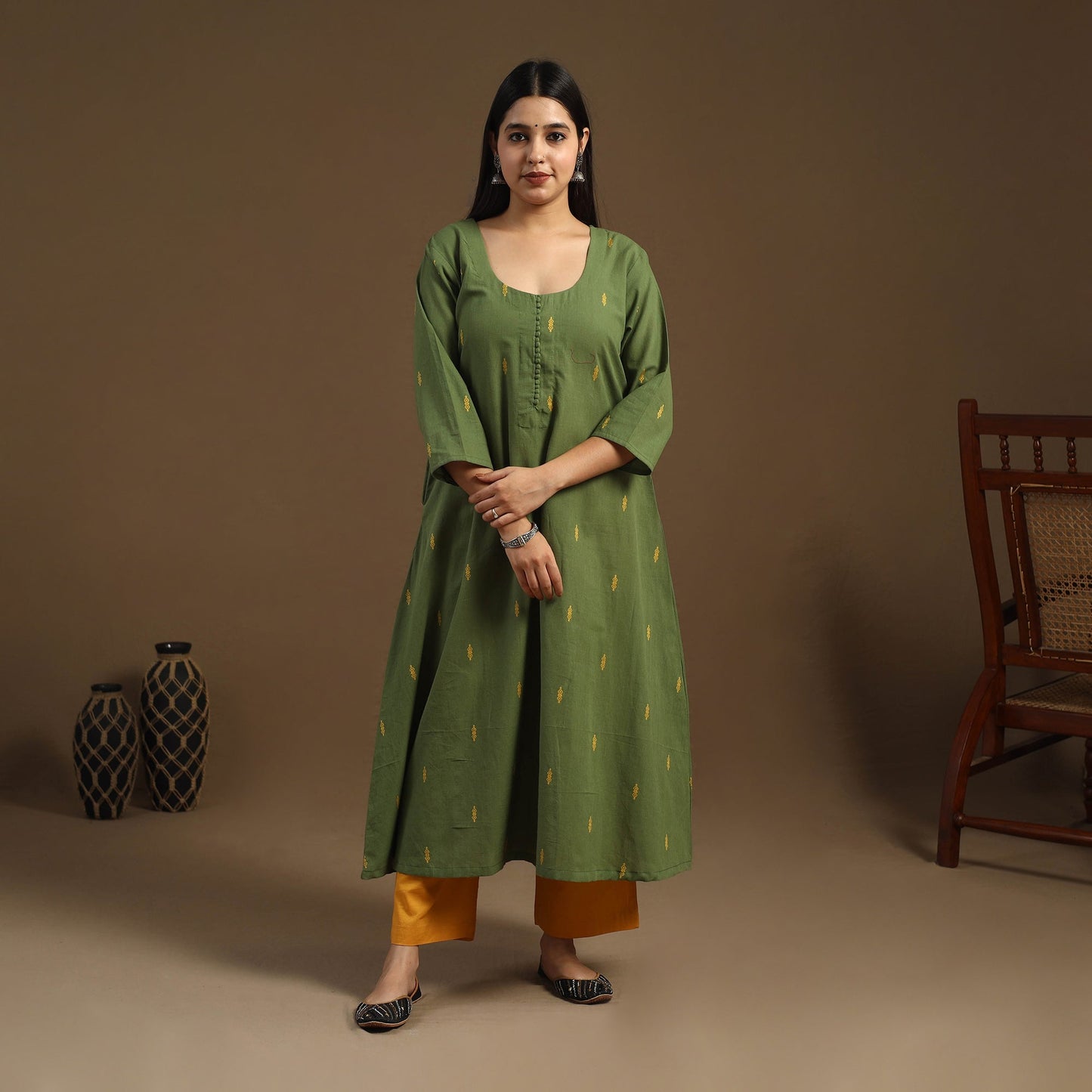 Green A-Line Cotton Jacquard Kurta for Women
