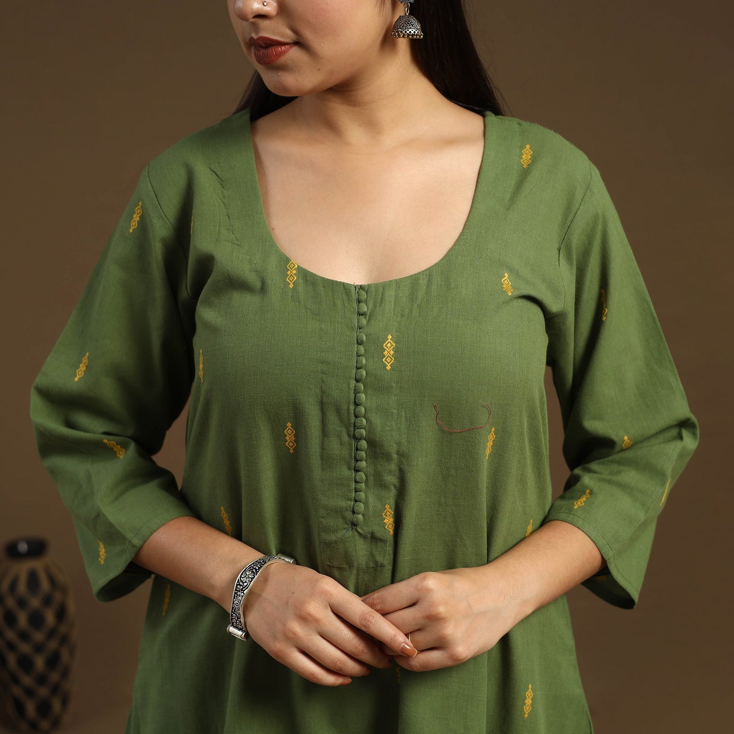Green A-Line Cotton Jacquard Kurta for Women