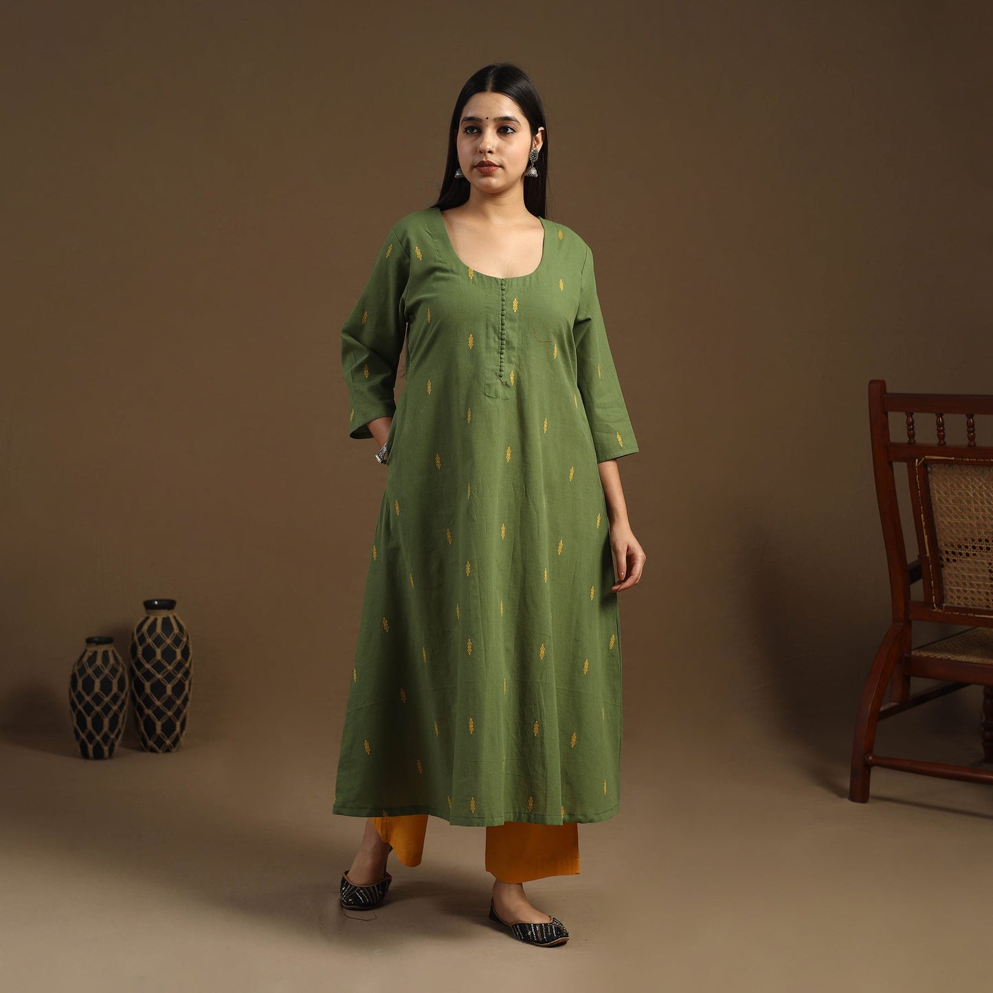 Green A-Line Cotton Jacquard Kurta for Women