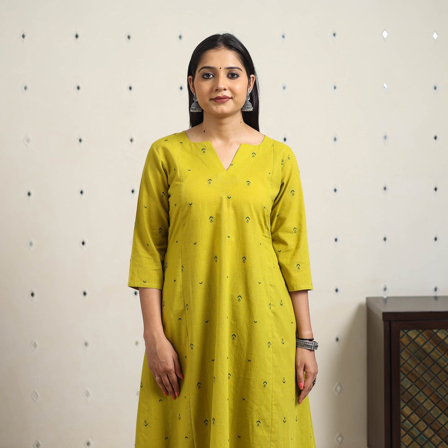 Green A-Line Cotton Jacquard Kurta