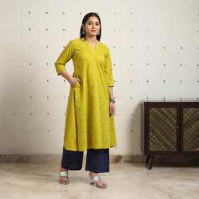 Green A-Line Cotton Jacquard Kurta
