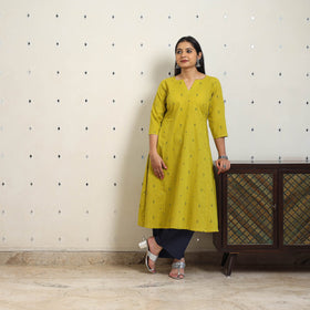 Green A-Line Cotton Jacquard Kurta
