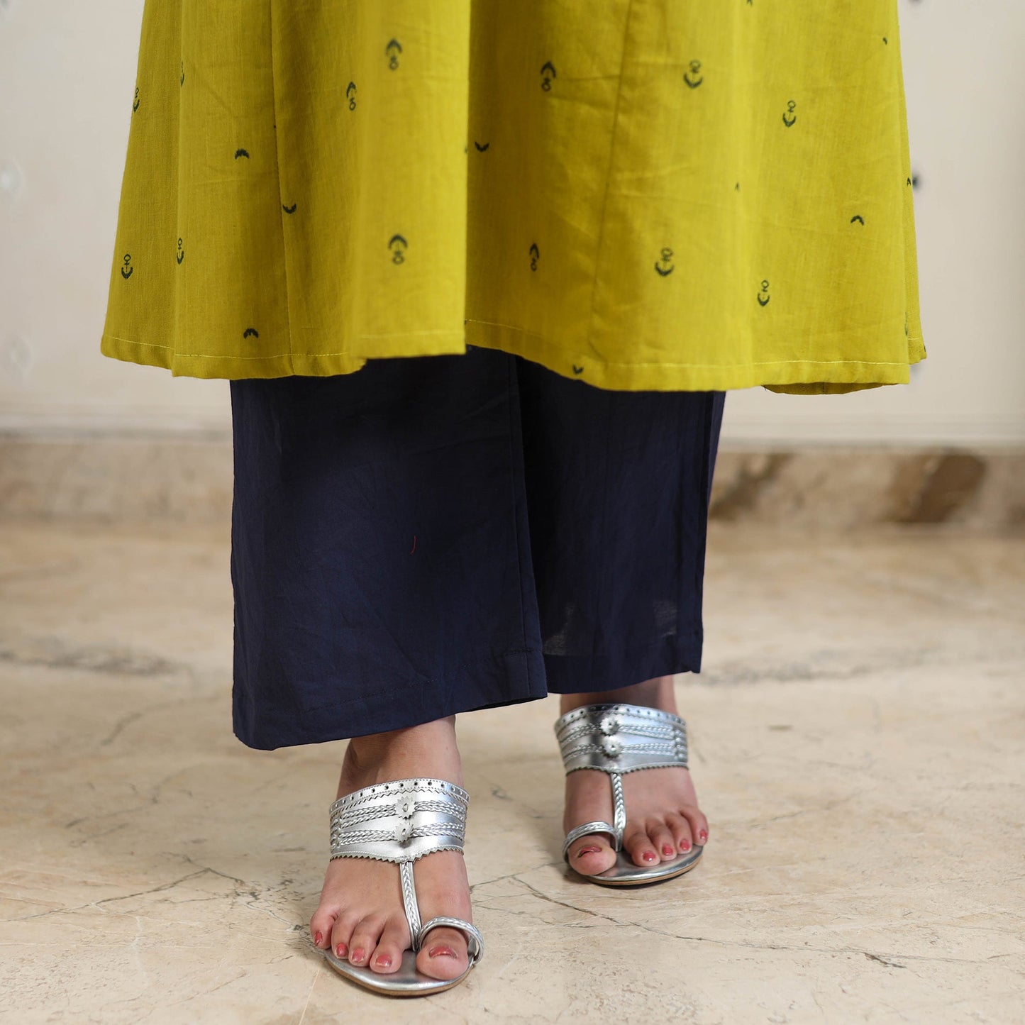 Green A-Line Cotton Jacquard Kurta