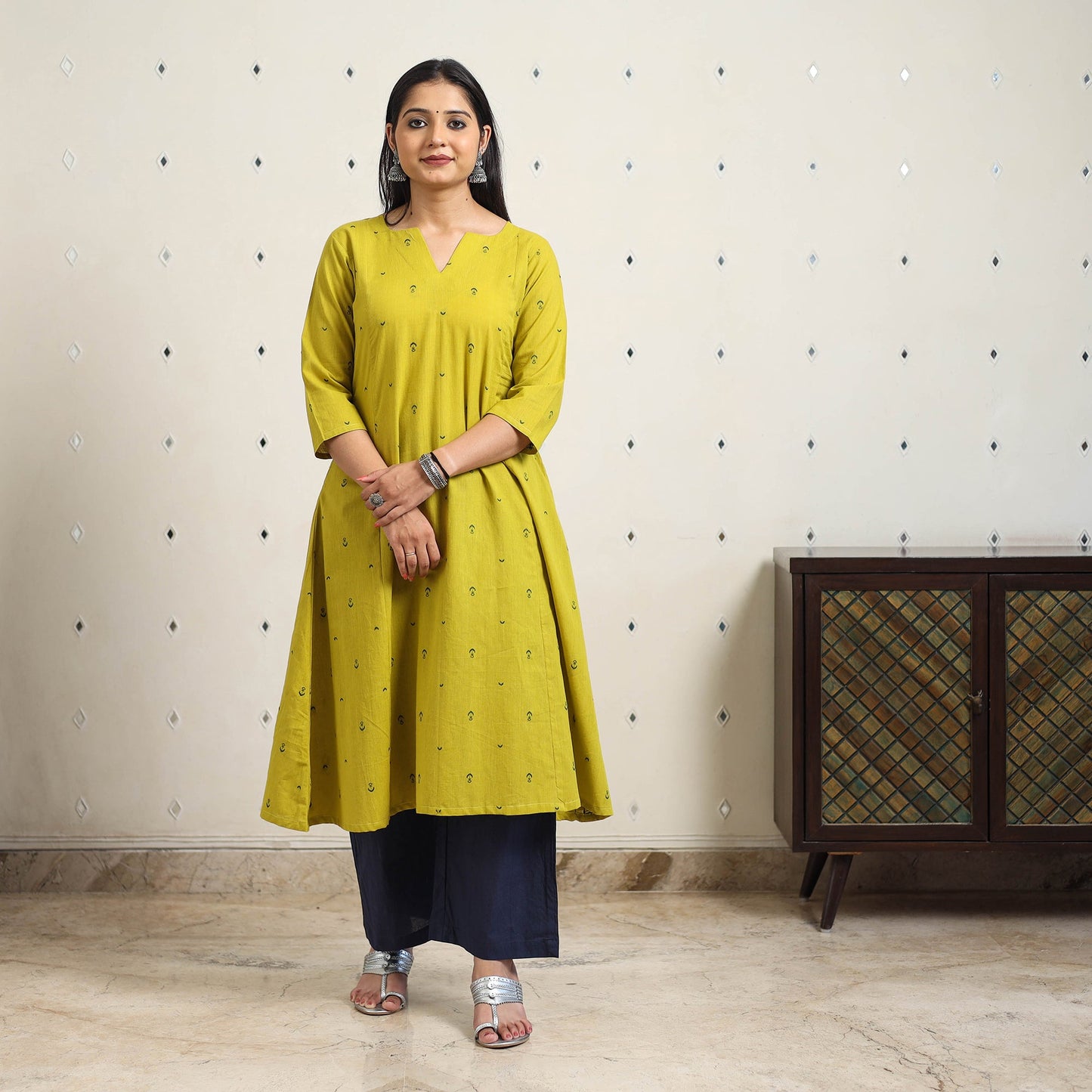 Green A-Line Cotton Jacquard Kurta