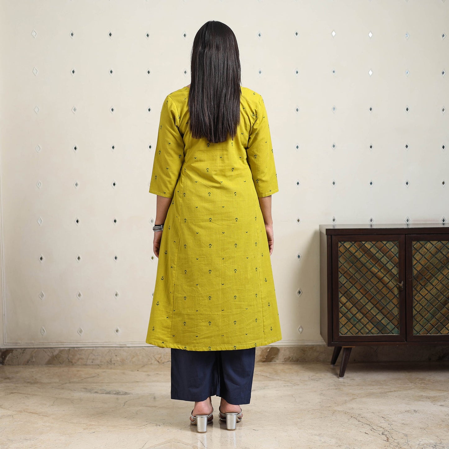 Green A-Line Cotton Jacquard Kurta