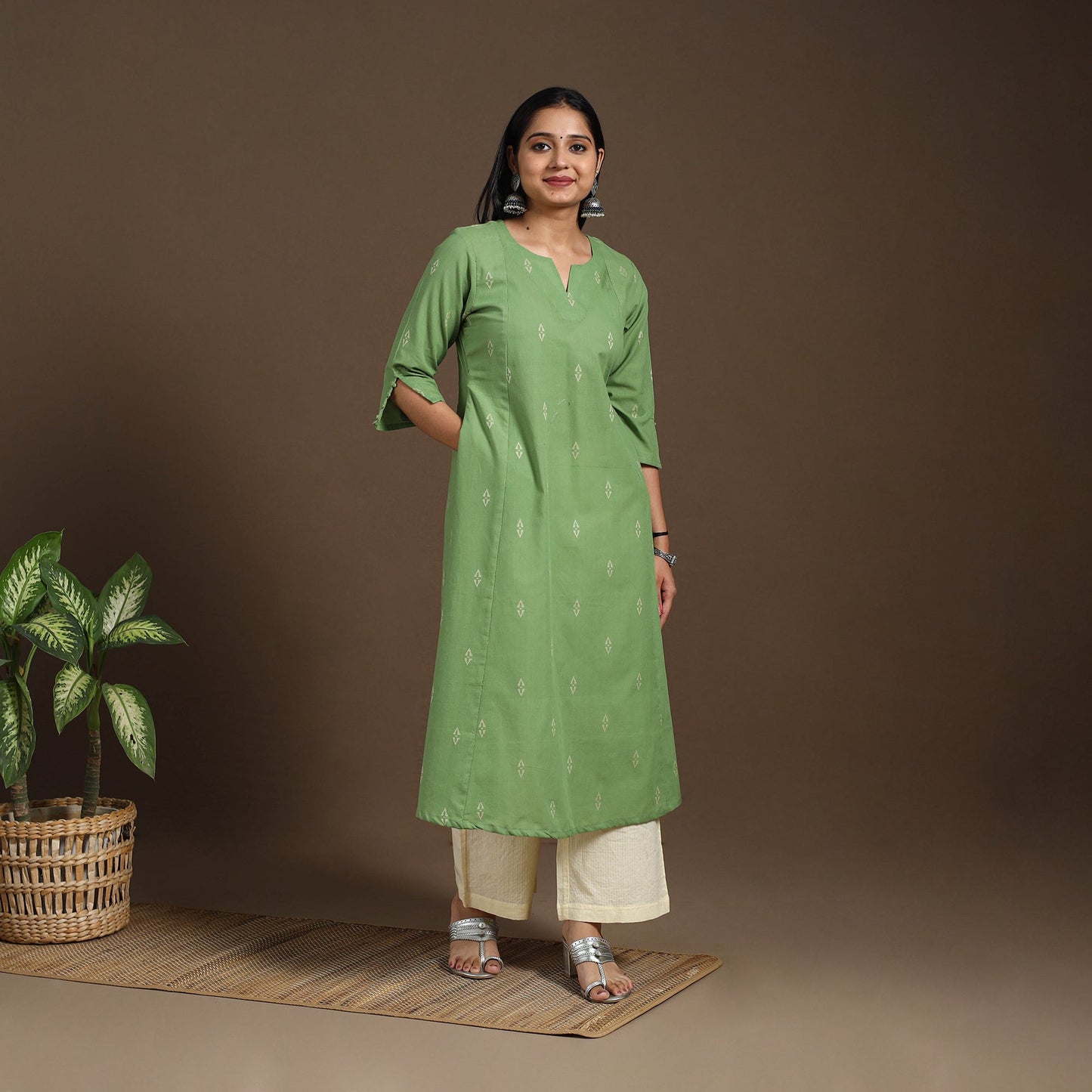 Green A-Line Cotton Jacquard Kurta