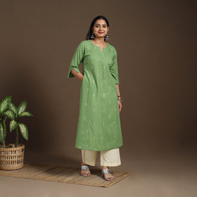 Green A-Line Cotton Jacquard Kurta